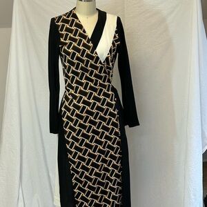 DVF Black Color Block and Geometric Wrap Dress